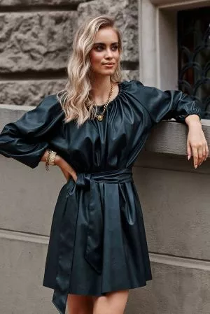 Rochie mini din piele neagra cu curea M699 - rochii de zi