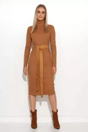 Rochie din tricotaje cu nervuri si curea din piele ecologica camel M 689 - rochii de zi