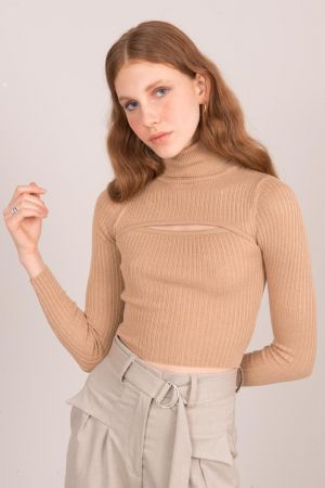 Pulover dama cu guler bej - pulovere