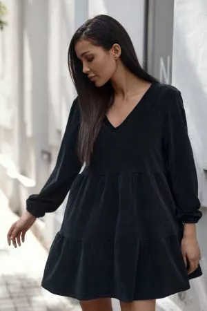 Rochie de zi din velur  negru - rochii de zi