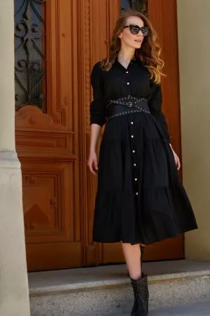 Rochie camasa maxi cu nasturi neagra L18 - rochii de zi